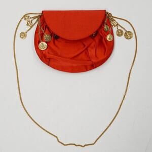 Christian Dior Vintage Red Satin Gold Coin Charm Chain Shoulder Bag
